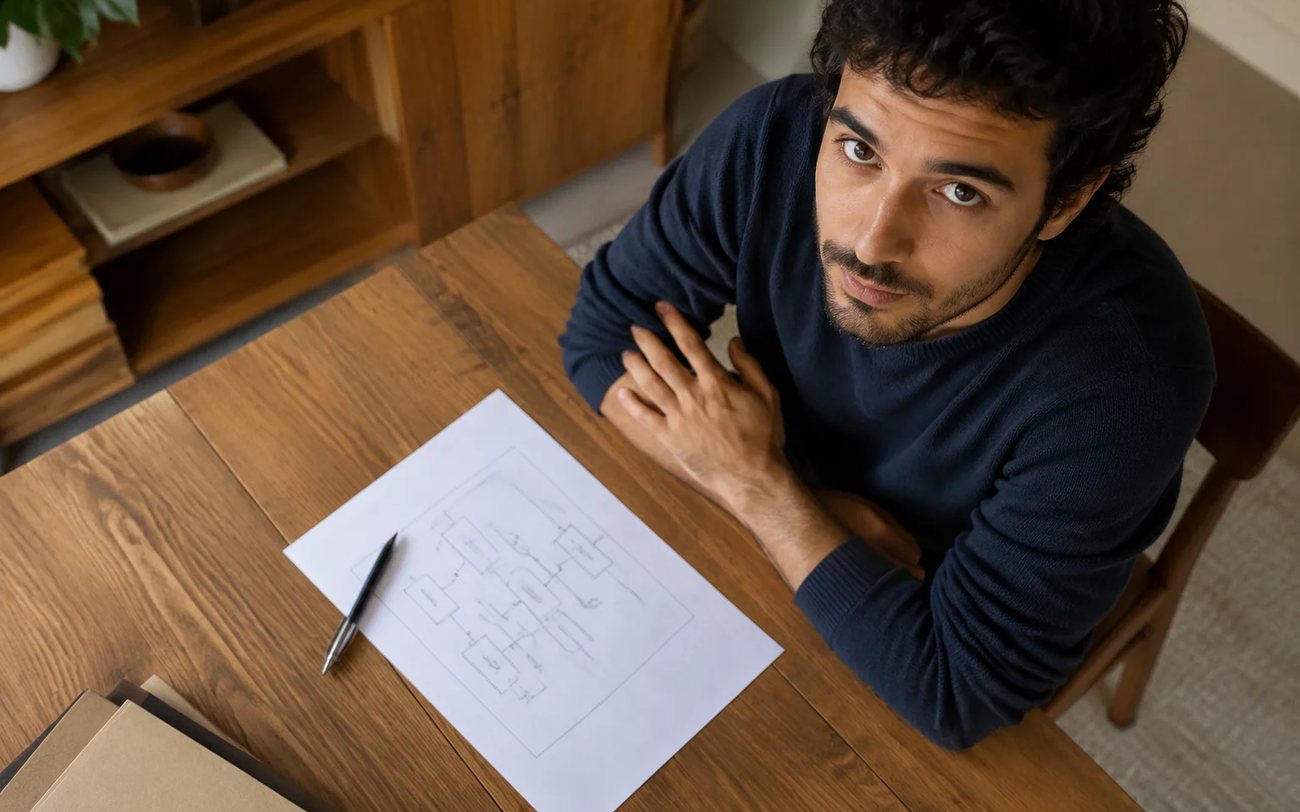 Duas pessoas relendo anotações num tablet apoiado na mesa de madeira