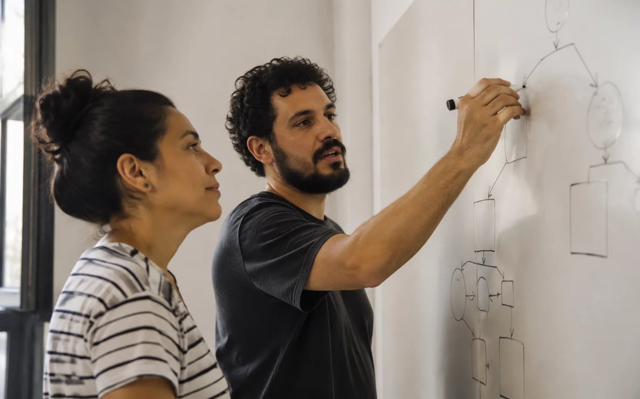 Participante de pé defendendo um ponto enquanto o grupo sentado à mesa acompanha