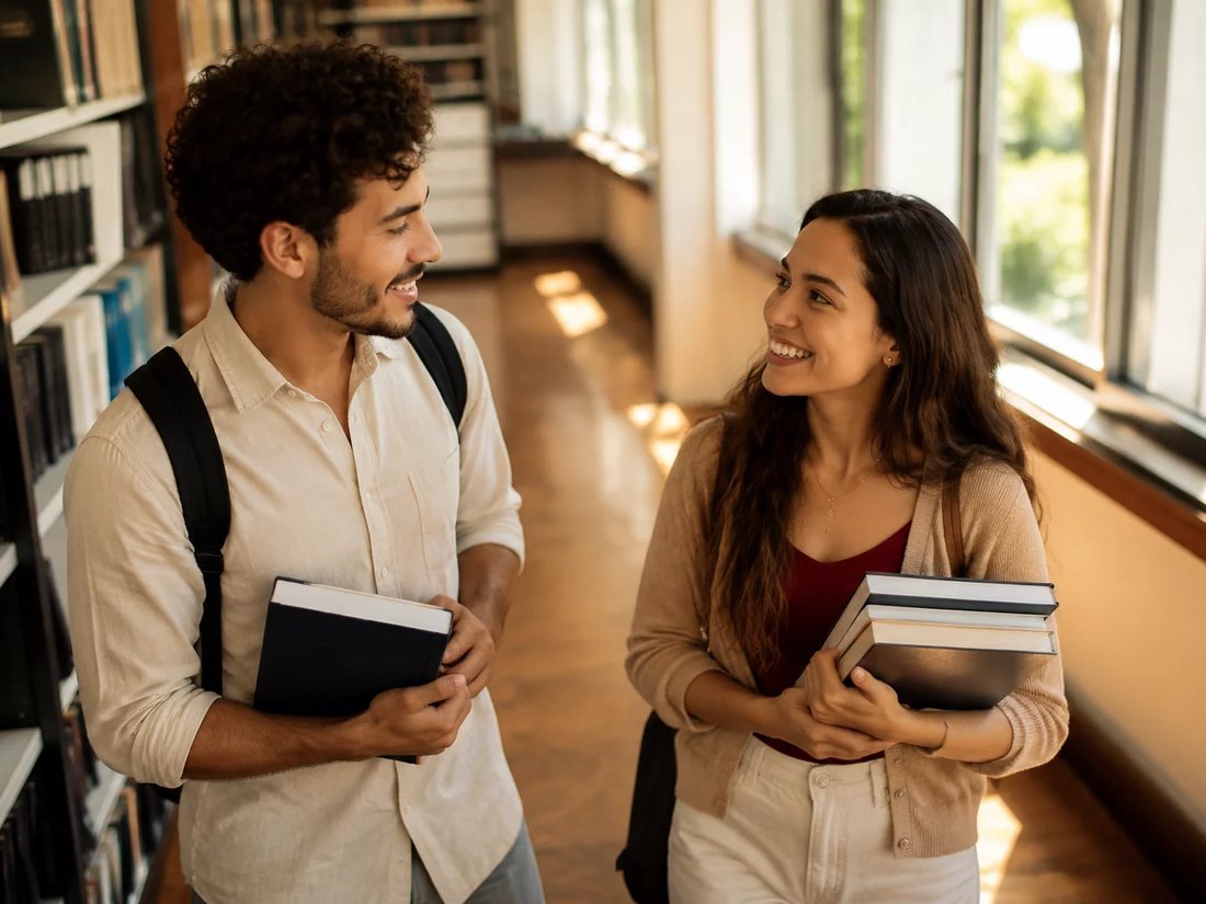 Conversa em pé entre as estantes da escola, com folhas de anotação na mão de quem discute